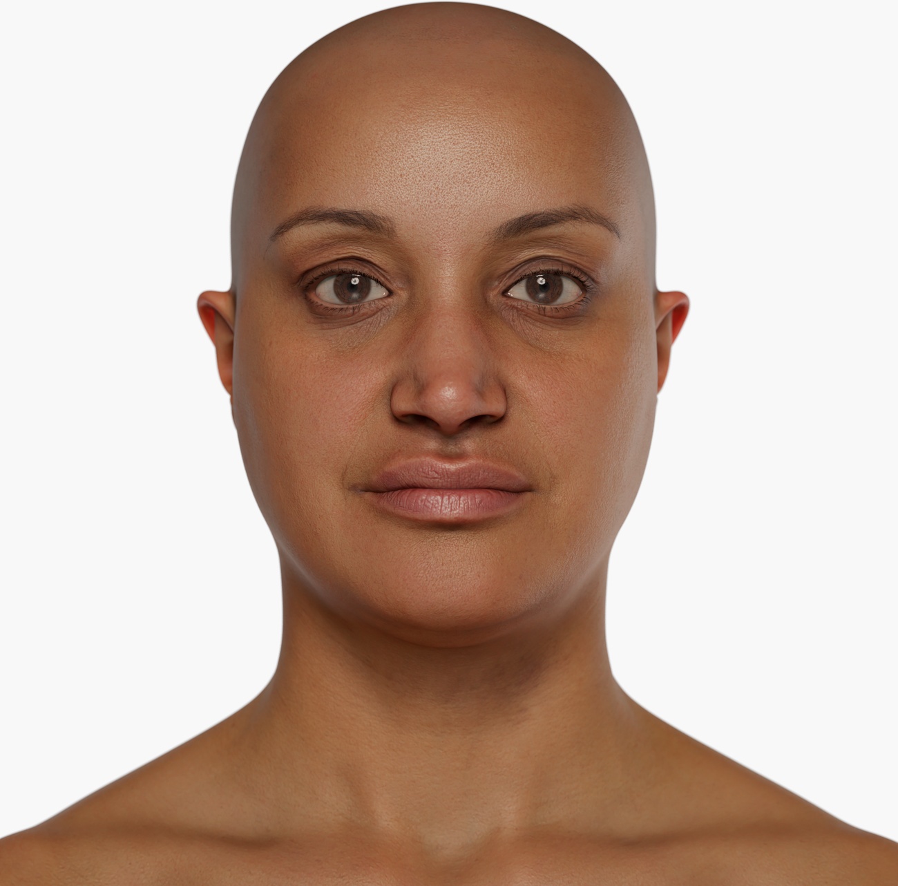 High-resolution head model render from a female 3D body scan with detailed skin surface and facial features